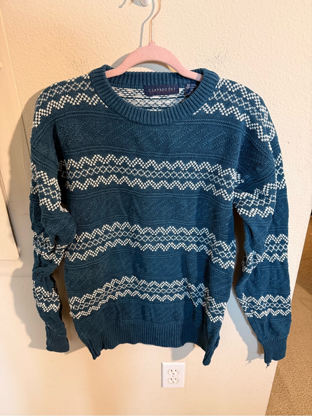 Claybrooke Men’s M Fair Isle Ramie Cotton Knit Sweater Blue Vintage